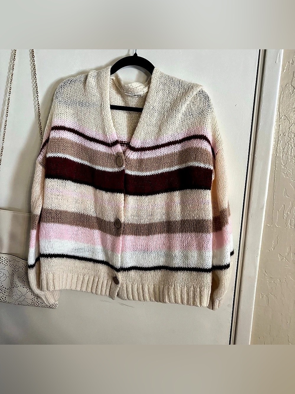 Wantable SEAS June Striped Cardigan Sweater Birch Neutral Balloon Sleeve XL